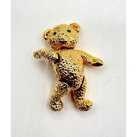 Vintage Napier Articulated Green Eyes Gold Tone Bear Brooch Pin - Picture 2 of 5